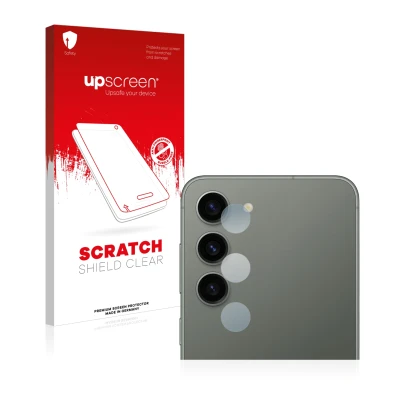 Parte frontal de un envase de producto con el logotipo de la marca upscreen. Al lado se muestra el dispositivo Samsung Galaxy