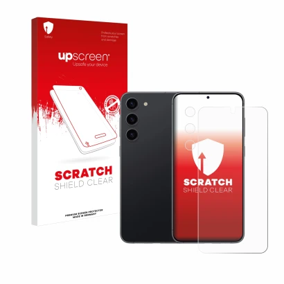Parte frontal de un envase de producto con el logotipo de la marca upscreen. Al lado se muestra el dispositivo Samsung Galaxy