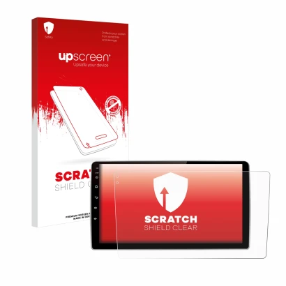 Parte frontal de un envase de producto con el logotipo de la marca upscreen. Al lado se muestra el dispositivo Junsun V1 pro 9