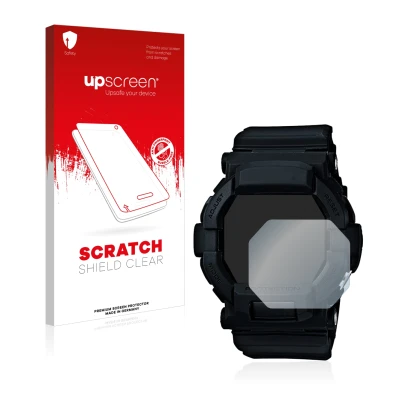 Parte frontal de un envase de producto con el logotipo de la marca upscreen. Al lado se muestra el dispositivo Casio G-Shock G