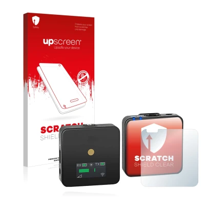 Parte frontal de un envase de producto con el logotipo de la marca upscreen. Al lado se muestra el dispositivo Rode Wireless G