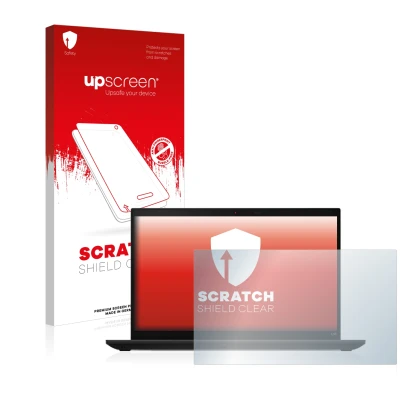 Parte frontal de un envase de producto con el logotipo de la marca upscreen. Al lado se muestra el dispositivo Lenovo ThinkPad