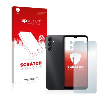 Parte frontal de un envase de producto con el logotipo de la marca upscreen. Al lado se muestra el dispositivo Samsung Galaxy 