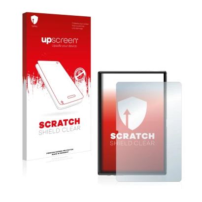 Parte frontal de un envase de producto con el logotipo de la marca upscreen. Al lado se muestra el dispositivo Yestel T10 10"