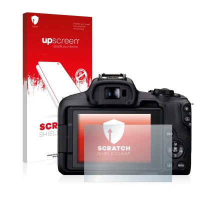 Parte frontal de un envase de producto con el logotipo de la marca upscreen. Al lado se muestra el dispositivo Canon EOS R50 c