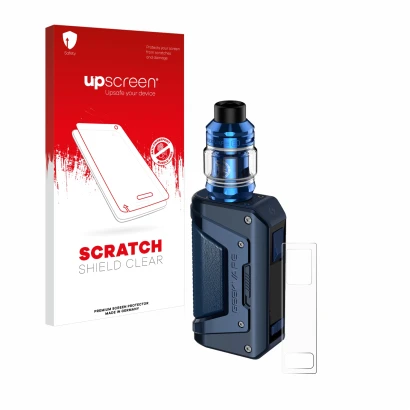 Parte frontal de un envase de producto con el logotipo de la marca upscreen. Al lado se muestra el dispositivo GeekVape Aegis 