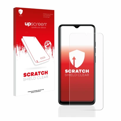 Parte frontal de un envase de producto con el logotipo de la marca upscreen. Al lado se muestra el dispositivo Tecno Spark Go