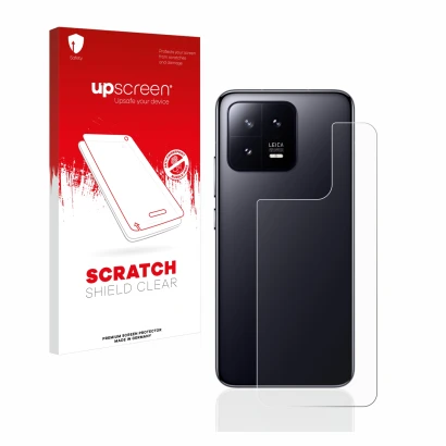 Parte frontal de un envase de producto con el logotipo de la marca upscreen. Al lado se muestra el dispositivo Xiaomi 13 (Tras