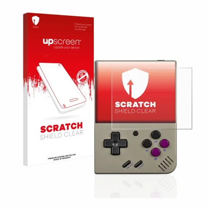 Parte frontal de un envase de producto con el logotipo de la marca upscreen. Al lado se muestra el dispositivo Miyoo Mini Plus