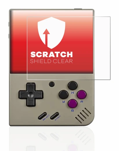 Imagen del dispositivo Miyoo Mini Plus con una amplia variedad de protectores de pantalla.