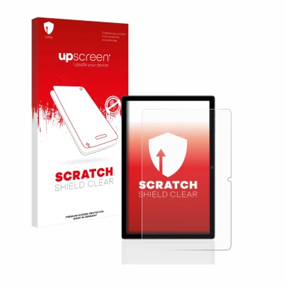 Parte frontal de un envase de producto con el logotipo de la marca upscreen. Al lado se muestra el dispositivo Blackview Tab 1
