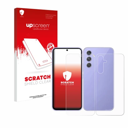 Parte frontal de un envase de producto con el logotipo de la marca upscreen. Al lado se muestra el dispositivo Samsung Galaxy 