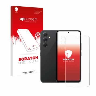 Parte frontal de un envase de producto con el logotipo de la marca upscreen. Al lado se muestra el dispositivo Samsung Galaxy 