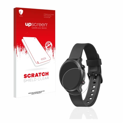 Parte frontal de un envase de producto con el logotipo de la marca upscreen. Al lado se muestra el dispositivo Doro Watch con
