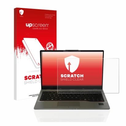 Parte frontal de un envase de producto con el logotipo de la marca upscreen. Al lado se muestra el dispositivo Fujitsu Lifeboo