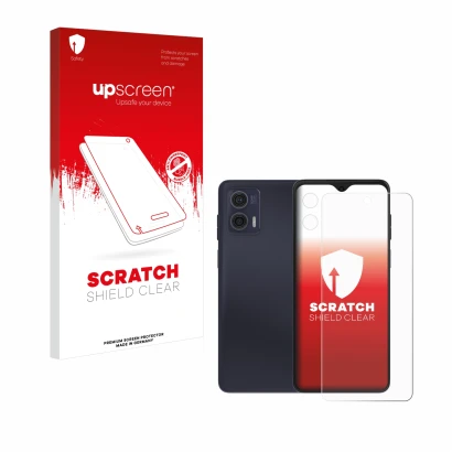 Parte frontal de un envase de producto con el logotipo de la marca upscreen. Al lado se muestra el dispositivo Motorola Moto G