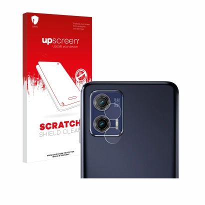 Parte frontal de un envase de producto con el logotipo de la marca upscreen. Al lado se muestra el dispositivo Motorola Moto G