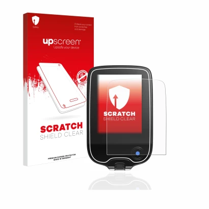 Parte frontal de un envase de producto con el logotipo de la marca upscreen. Al lado se muestra el dispositivo Freestyle Libre