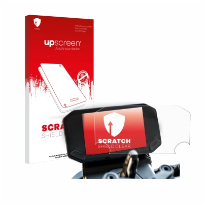 Parte frontal de un envase de producto con el logotipo de la marca upscreen. Al lado se muestra el dispositivo VOGE 350 AC con