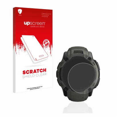 Parte frontal de un envase de producto con el logotipo de la marca upscreen. Al lado se muestra el dispositivo Garmin Instinct