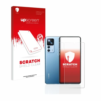 Parte frontal de un envase de producto con el logotipo de la marca upscreen. Al lado se muestra el dispositivo Xiaomi 12T (Fro