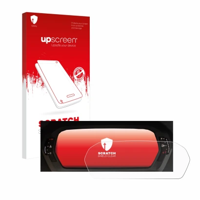 Parte frontal de un envase de producto con el logotipo de la marca upscreen. Al lado se muestra el dispositivo Audi A3 2023 Vi