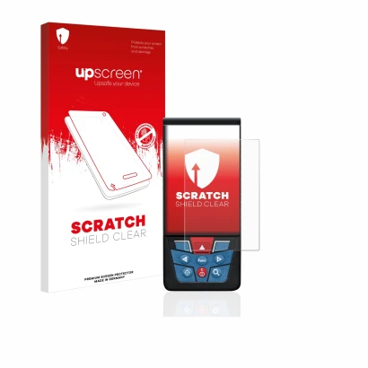 Parte frontal de un envase de producto con el logotipo de la marca upscreen. Al lado se muestra el dispositivo Bosch GLM 100-2