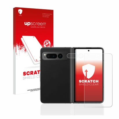Parte frontal de un envase de producto con el logotipo de la marca upscreen. Al lado se muestra el dispositivo Google Pixel Fo