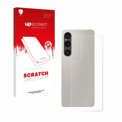 Parte frontal de un envase de producto con el logotipo de la marca upscreen. Al lado se muestra el dispositivo Sony Xperia 1 V
