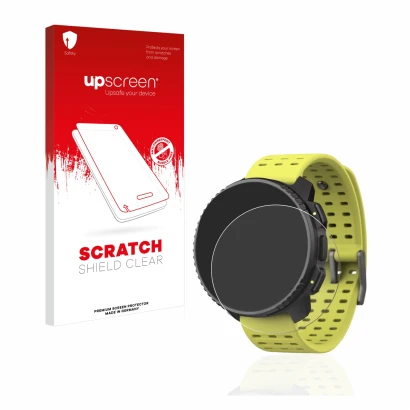 Parte frontal de un envase de producto con el logotipo de la marca upscreen. Al lado se muestra el dispositivo Suunto Vertical