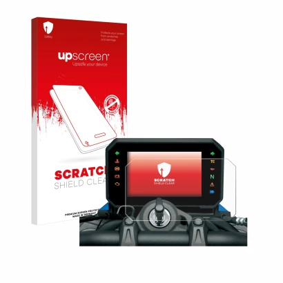 Parte frontal de un envase de producto con el logotipo de la marca upscreen. Al lado se muestra el dispositivo Suzuki GSX-8S 2