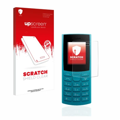 Parte frontal de un envase de producto con el logotipo de la marca upscreen. Al lado se muestra el dispositivo Nokia 105 4G (2