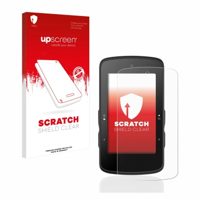 Parte frontal de un envase de producto con el logotipo de la marca upscreen. Al lado se muestra el dispositivo Bryton Rider 75