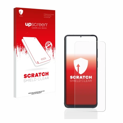 Parte frontal de un envase de producto con el logotipo de la marca upscreen. Al lado se muestra el dispositivo Cubot X70 con s
