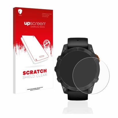 Parte frontal de un envase de producto con el logotipo de la marca upscreen. Al lado se muestra el dispositivo Garmin Fenix 7 