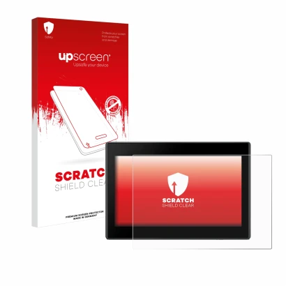 Parte frontal de un envase de producto con el logotipo de la marca upscreen. Al lado se muestra el dispositivo Garmin Drive 53