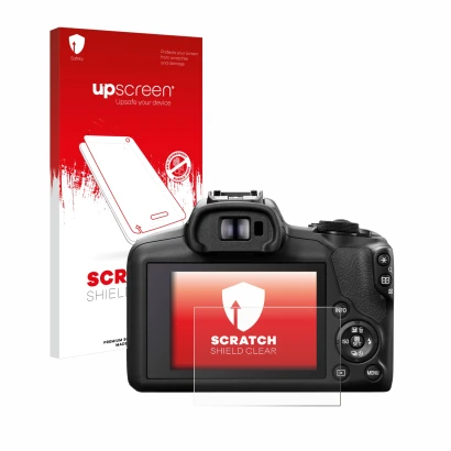 Parte frontal de un envase de producto con el logotipo de la marca upscreen. Al lado se muestra el dispositivo Canon EOS R100