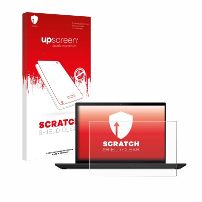 Parte frontal de un envase de producto con el logotipo de la marca upscreen. Al lado se muestra el dispositivo Lenovo ThinkPad