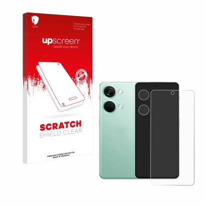 Parte frontal de un envase de producto con el logotipo de la marca upscreen. Al lado se muestra el dispositivo OnePlus Nord 3 