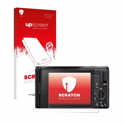 Parte frontal de un envase de producto con el logotipo de la marca upscreen. Al lado se muestra el dispositivo Sony ZV-1 II Vl