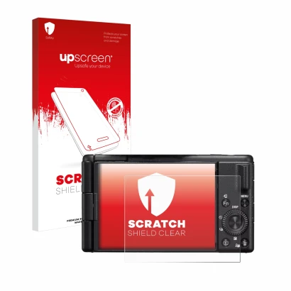 Parte frontal de un envase de producto con el logotipo de la marca upscreen. Al lado se muestra el dispositivo Sony ZV-1M2 con