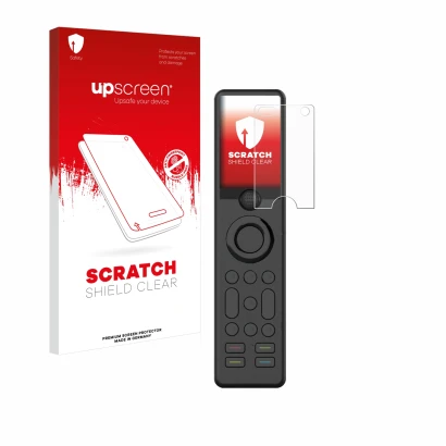 Parte frontal de un envase de producto con el logotipo de la marca upscreen. Al lado se muestra el dispositivo Sofabaton X1 co