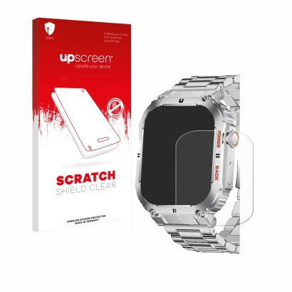 Parte frontal de un envase de producto con el logotipo de la marca upscreen. Al lado se muestra el dispositivo LIGE K-57 1.96"