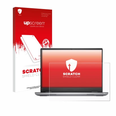 Parte frontal de un envase de producto con el logotipo de la marca upscreen. Al lado se muestra el dispositivo Dell Precision