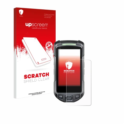 Parte frontal de un envase de producto con el logotipo de la marca upscreen. Al lado se muestra el dispositivo Keyence BT-A700
