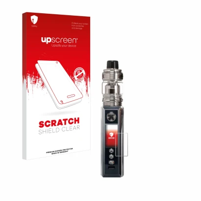 Parte frontal de un envase de producto con el logotipo de la marca upscreen. Al lado se muestra el dispositivo Voopoo Drag M10