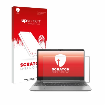 Parte frontal de un envase de producto con el logotipo de la marca upscreen. Al lado se muestra el dispositivo HP 250 G9 con s