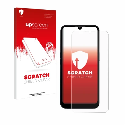Parte frontal de un envase de producto con el logotipo de la marca upscreen. Al lado se muestra el dispositivo Doro 8200 con s