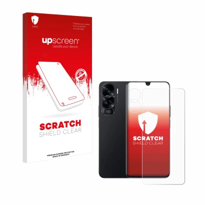 Parte frontal de un envase de producto con el logotipo de la marca upscreen. Al lado se muestra el dispositivo Honor 90 Lite (