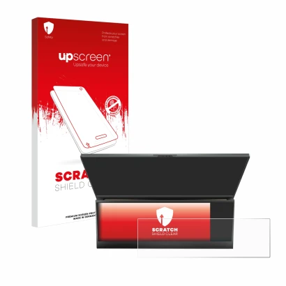 Parte frontal de un envase de producto con el logotipo de la marca upscreen. Al lado se muestra el dispositivo ASUS ROG Zephyr